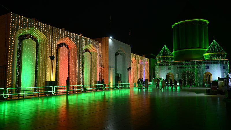 Minhaj ul Quran secretariat decorated with lights