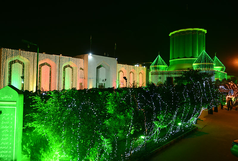 Minhaj ul Quran secretariat decorated with lights