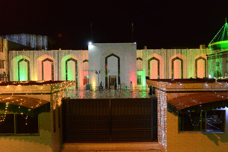 Minhaj ul Quran secretariat decorated with lights