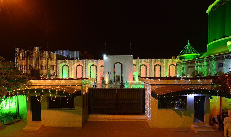 Minhaj ul Quran secretariat decorated with lights