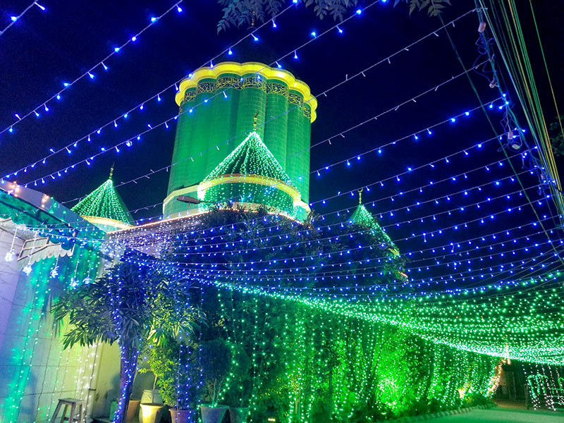 Minhaj ul Quran Central Secretariat decorated with lights