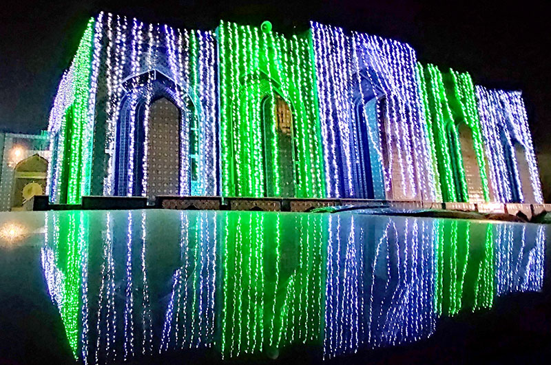 Minhaj ul Quran Central Secretariat decorated with lights