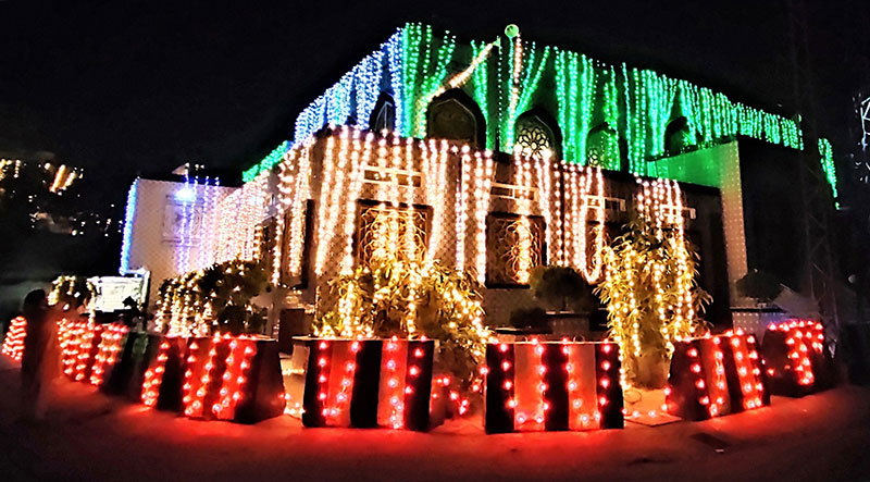 Minhaj ul Quran Central Secretariat decorated with lights