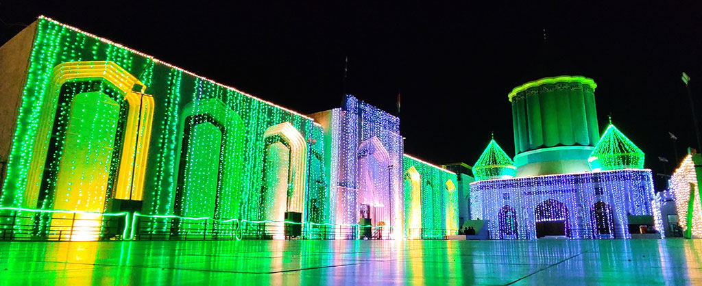 Minhaj-ul-Quran International Central Secretariat decorated with lights