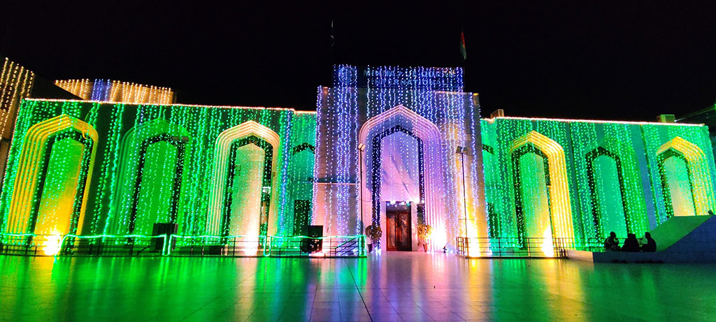 Minhaj-ul-Quran International Central Secretariat decorated with lights