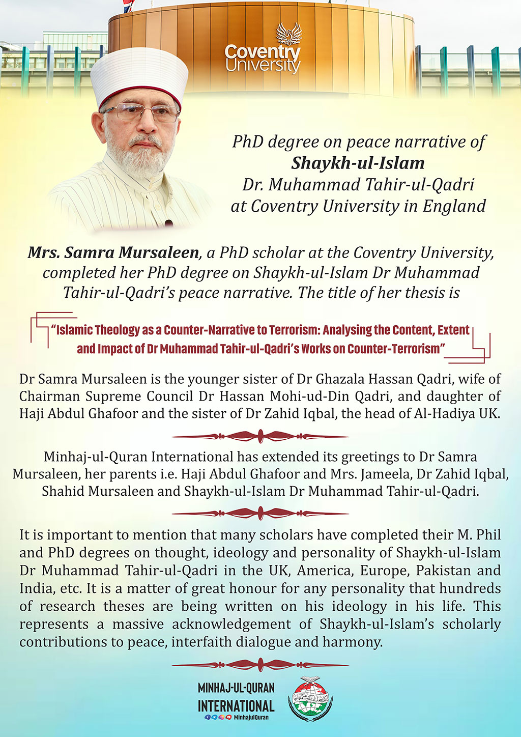 PhD degree on Peace narrative of Shaykh-ul-Islam Dr. Muhammad Tahir-ul-Qadri at prestigious Coventry University of England