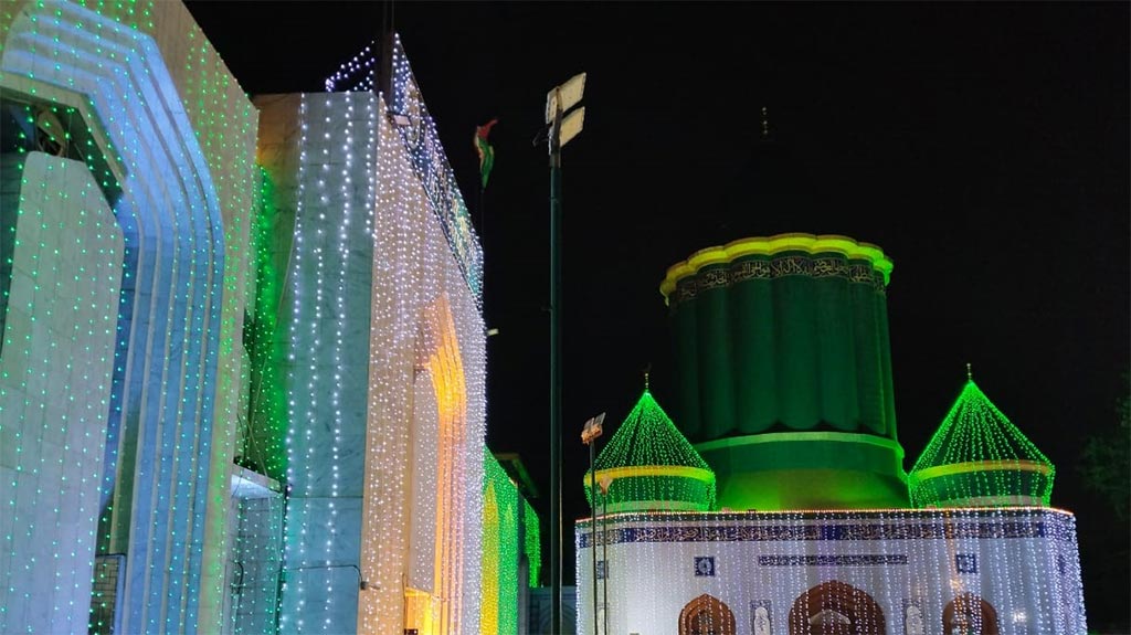 Minhaj-ul-Quran International Central Secretariat decorated with lights