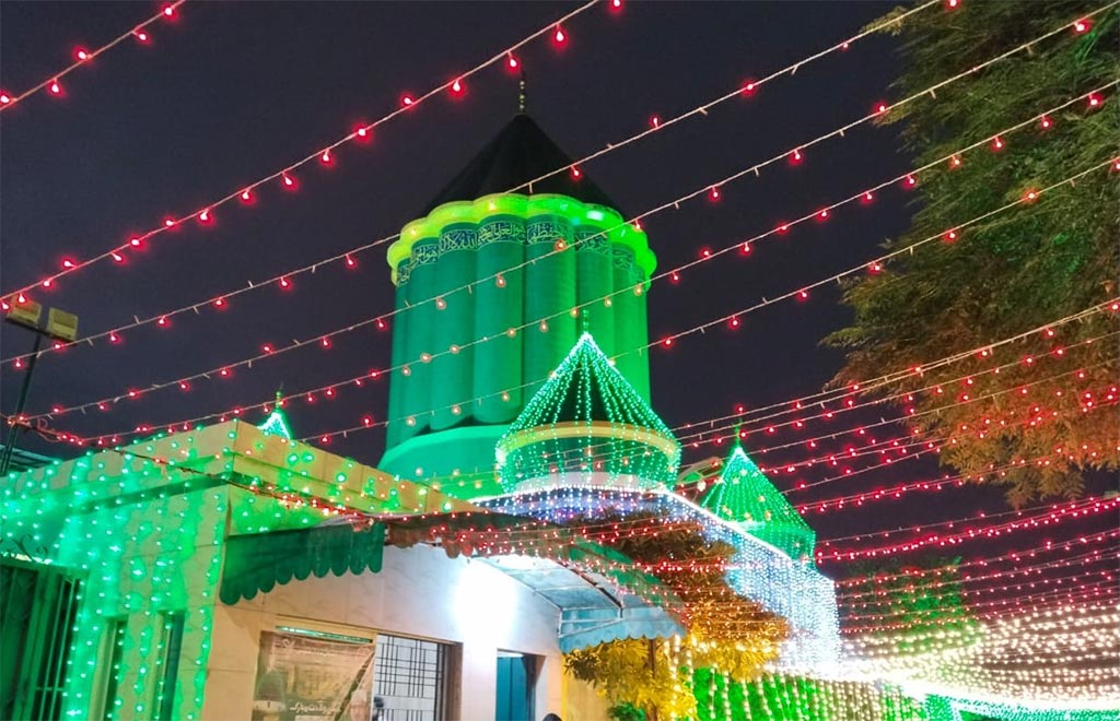 Minhaj-ul-Quran International Central Secretariat decorated with lights