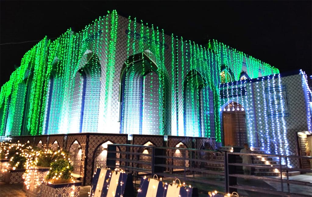 Minhaj-ul-Quran International Central Secretariat decorated with lights