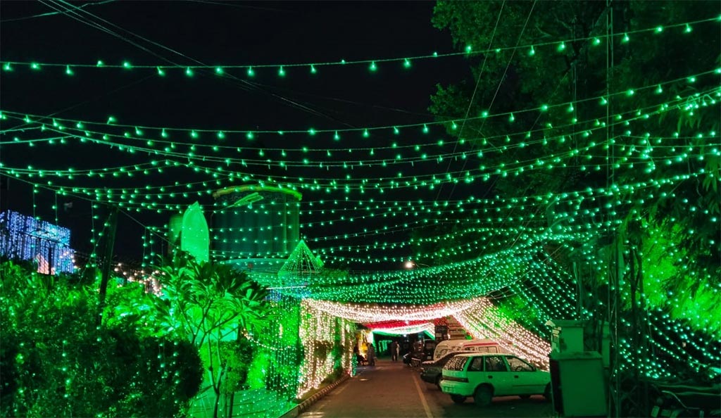 Minhaj-ul-Quran International Central Secretariat decorated with lights