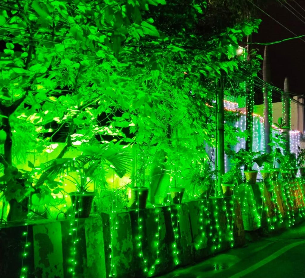 Minhaj-ul-Quran International Central Secretariat decorated with lights