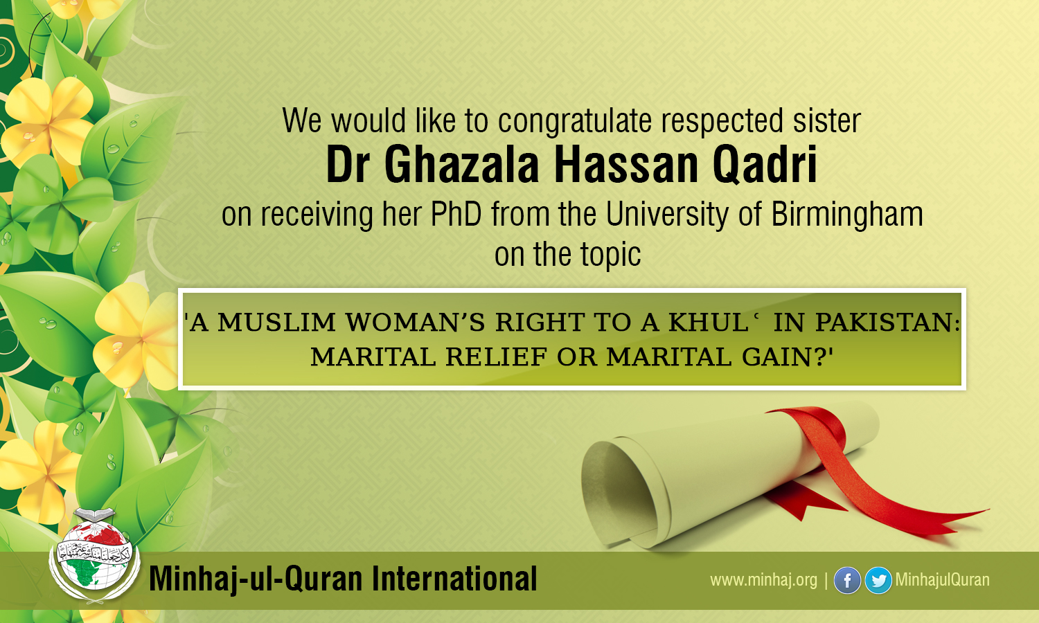 Mrs. Ghazala Hassan Qadri completes her PhD