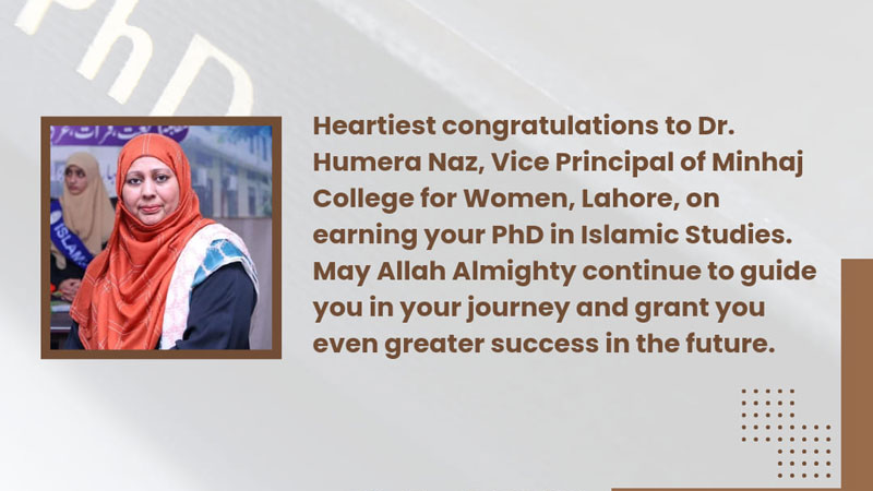 Mrs. Fizzah Hussain Qadri congratulates Dr Humaira Naz on PhD completion in Islamic Studies