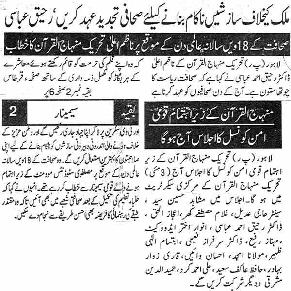تحریک منہاج القرآن Pakistan Awami Tehreek  Print Media Coverage پرنٹ میڈیا کوریج Daily Din Page: 2
