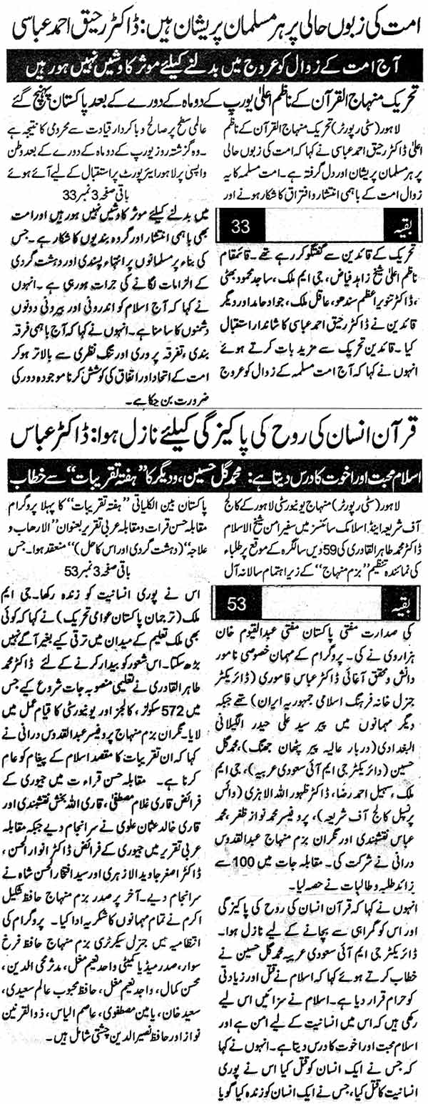 Minhaj-ul-Quran  Print Media CoverageDaily Musahrat Back Page