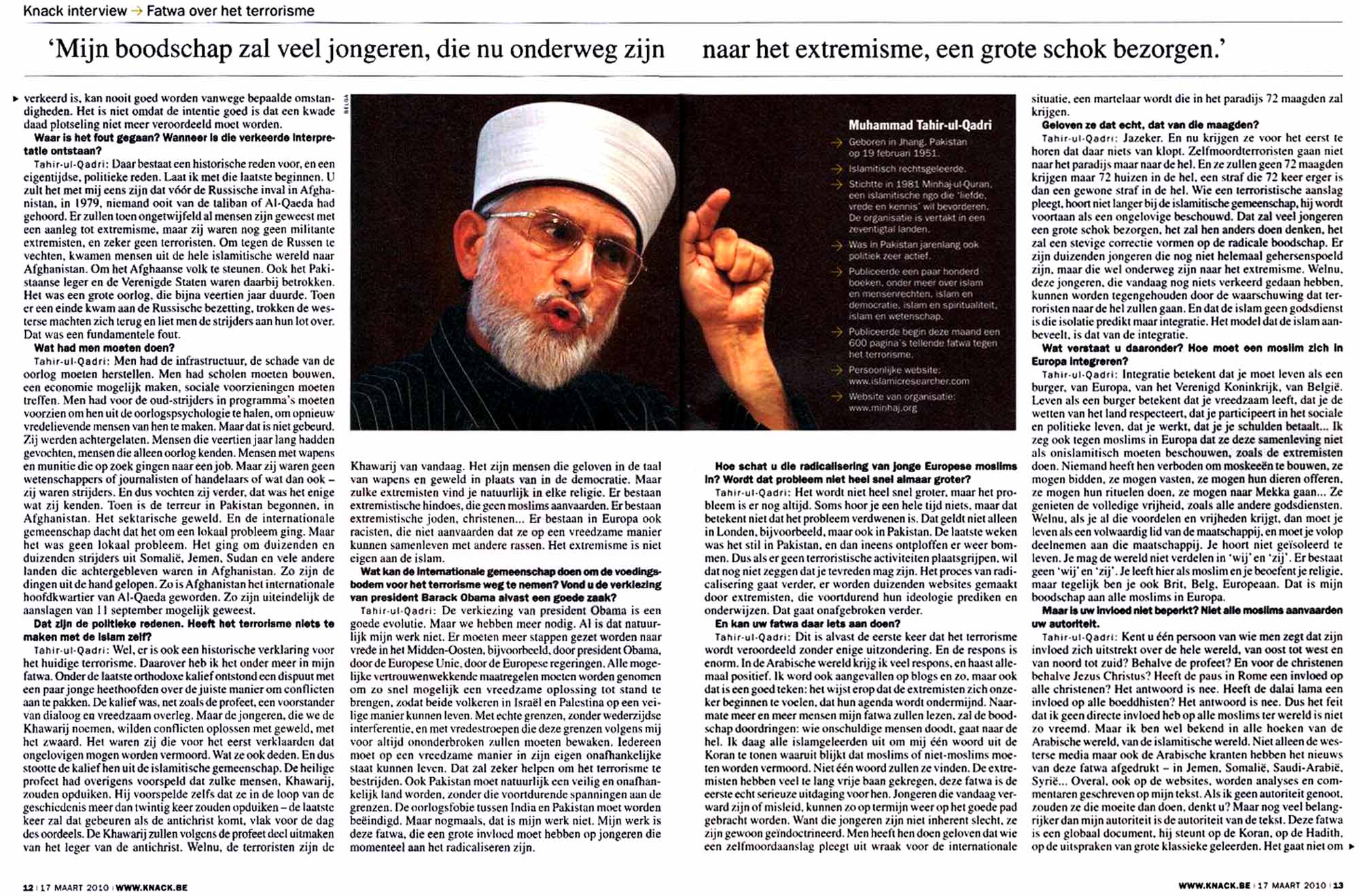 Minhaj-ul-Quran  Print Media Coverage The Knack Beljium Page: 12, 13