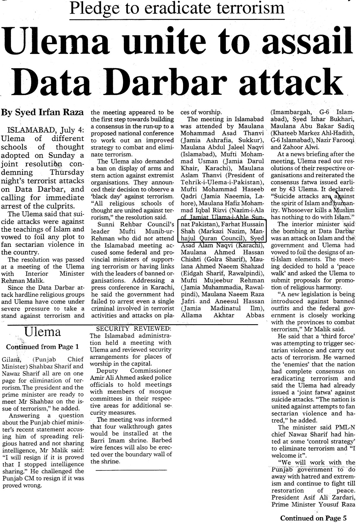 Minhaj-ul-Quran  Print Media CoverageDaily The Dawn Front Page