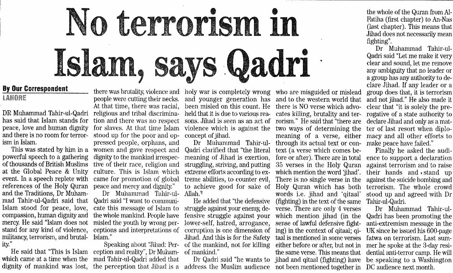 Minhaj-ul-Quran  Print Media CoverageDaily The News page 15