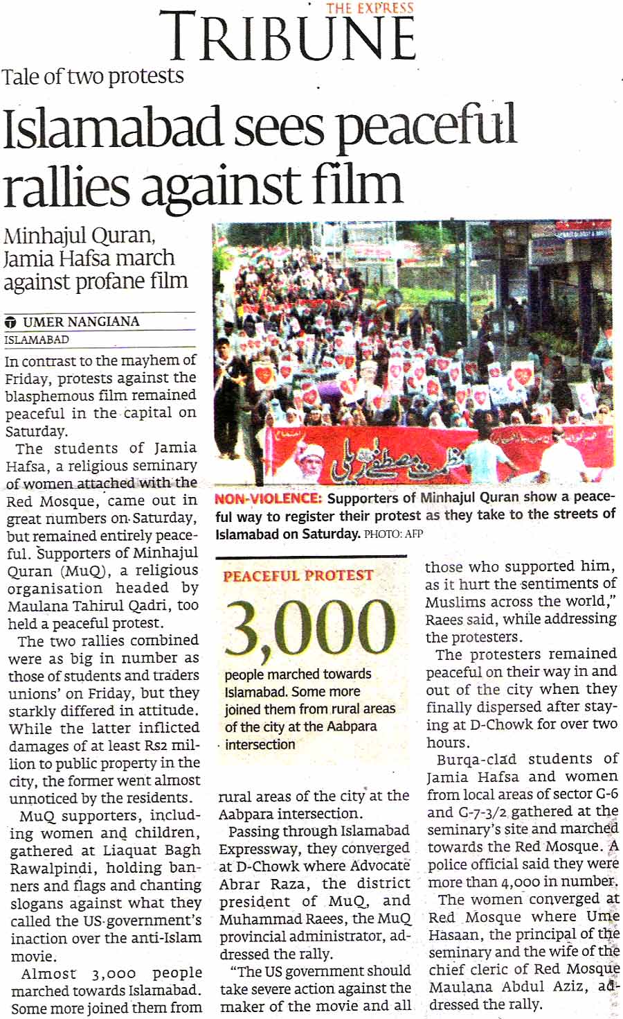 Minhaj-ul-Quran  Print Media Coverage Daily The Express Tribune Page 1