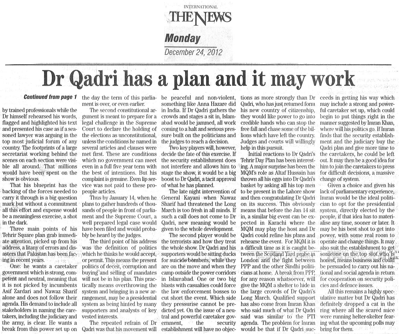 Pakistan Awami Tehreek Print Media CoverageDaily The News Editorial Page