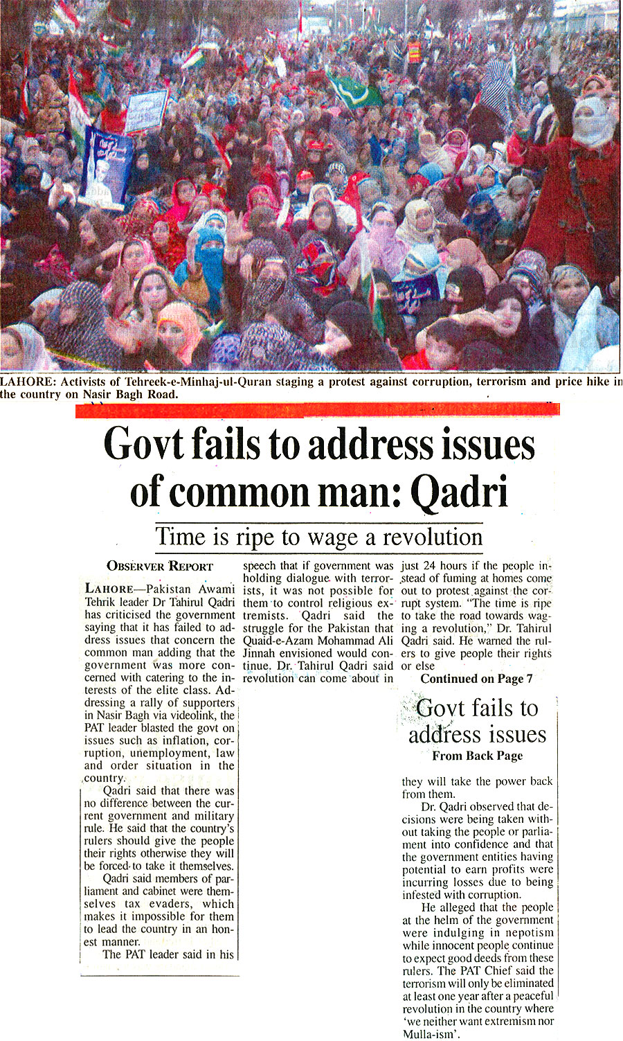 Minhaj-ul-Quran  Print Media CoveragePakistan Observer