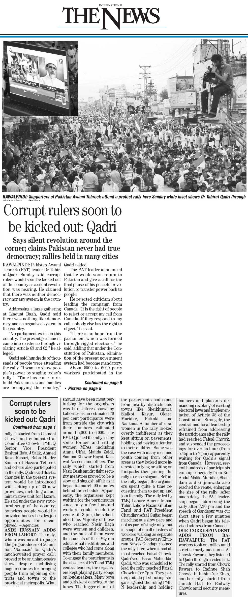 تحریک منہاج القرآن Pakistan Awami Tehreek  Print Media Coverage پرنٹ میڈیا کوریج The News Front Page