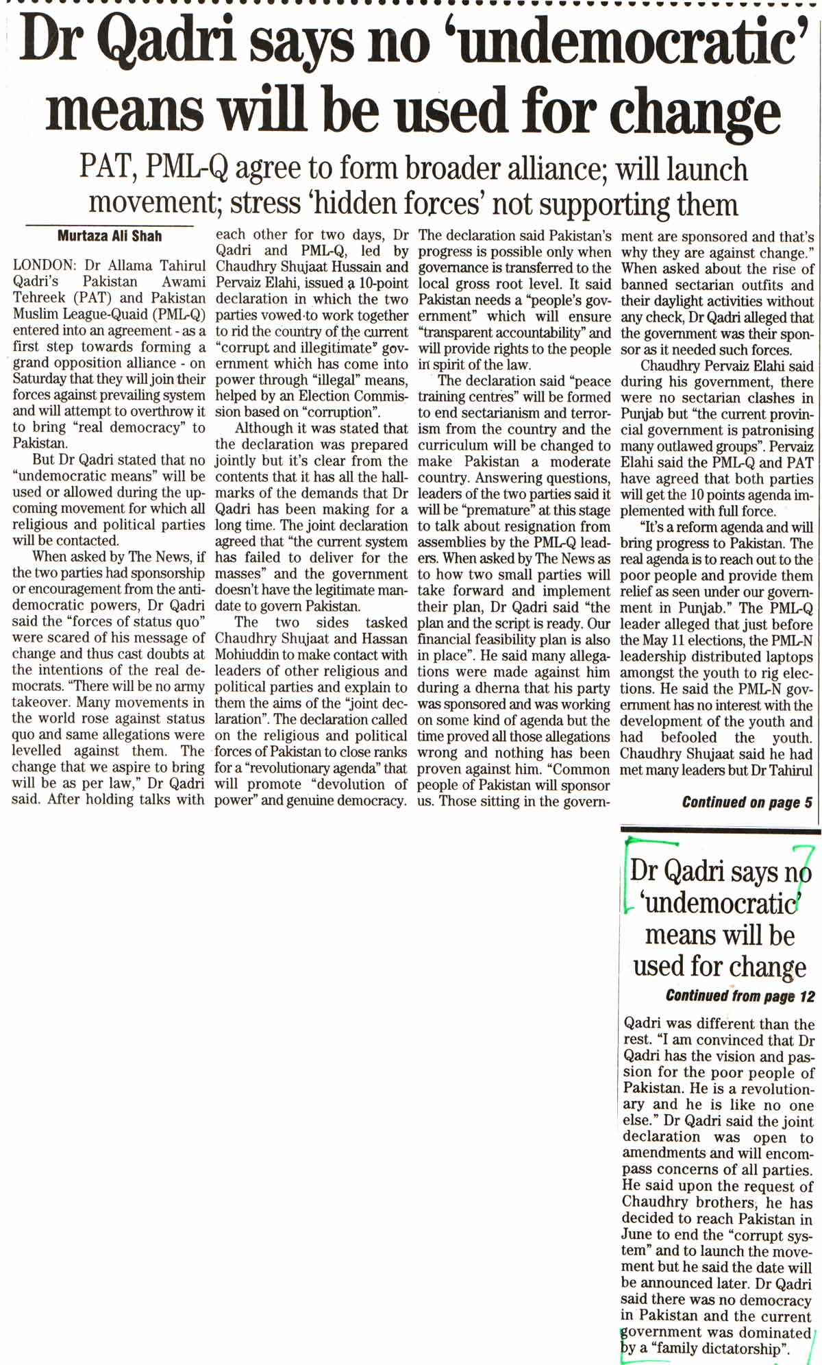 تحریک منہاج القرآن Minhaj-ul-Quran  Print Media Coverage پرنٹ میڈیا کوریج Daily The News Page-12