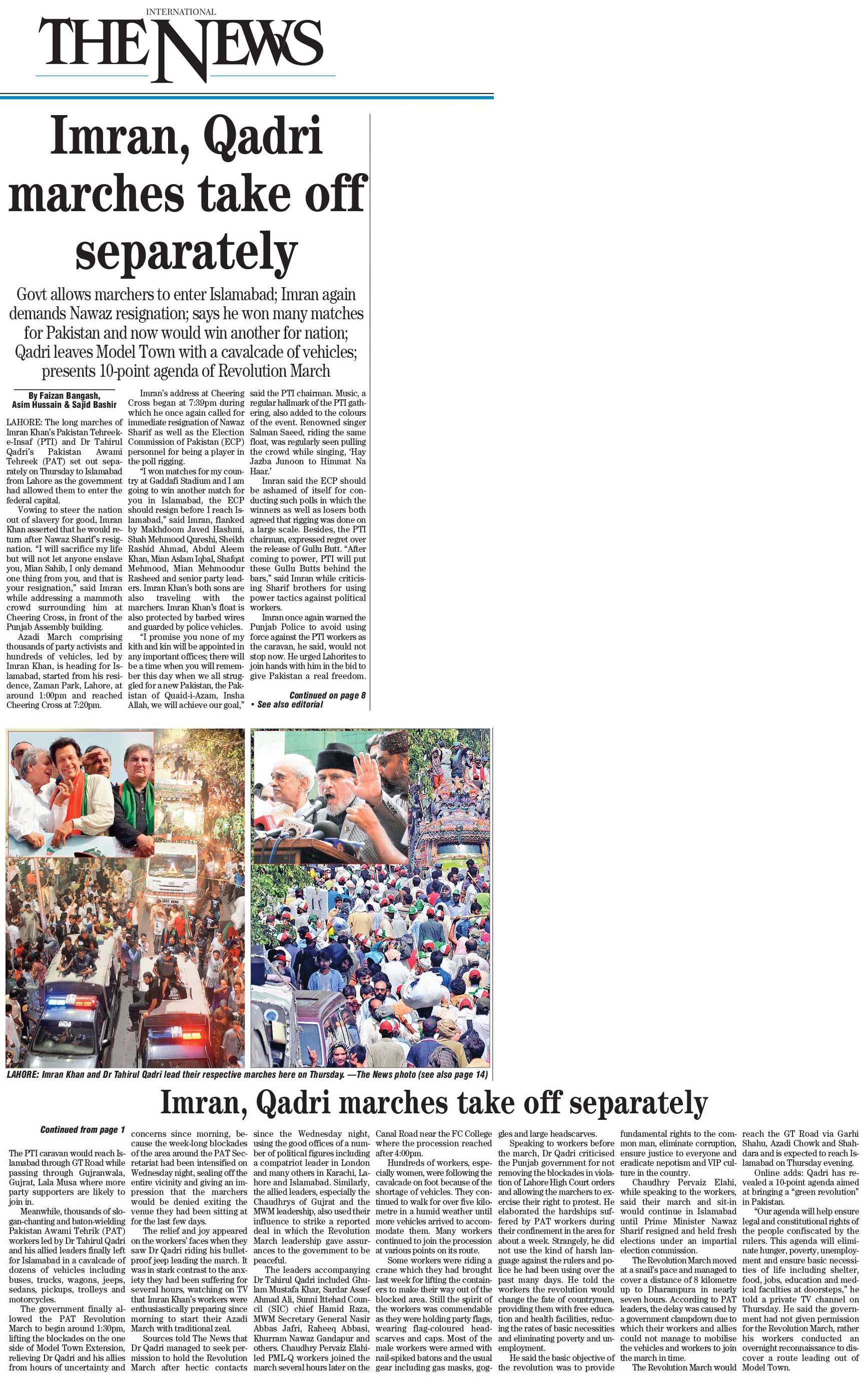 تحریک منہاج القرآن Minhaj-ul-Quran  Print Media Coverage پرنٹ میڈیا کوریج Daily The News Front Page