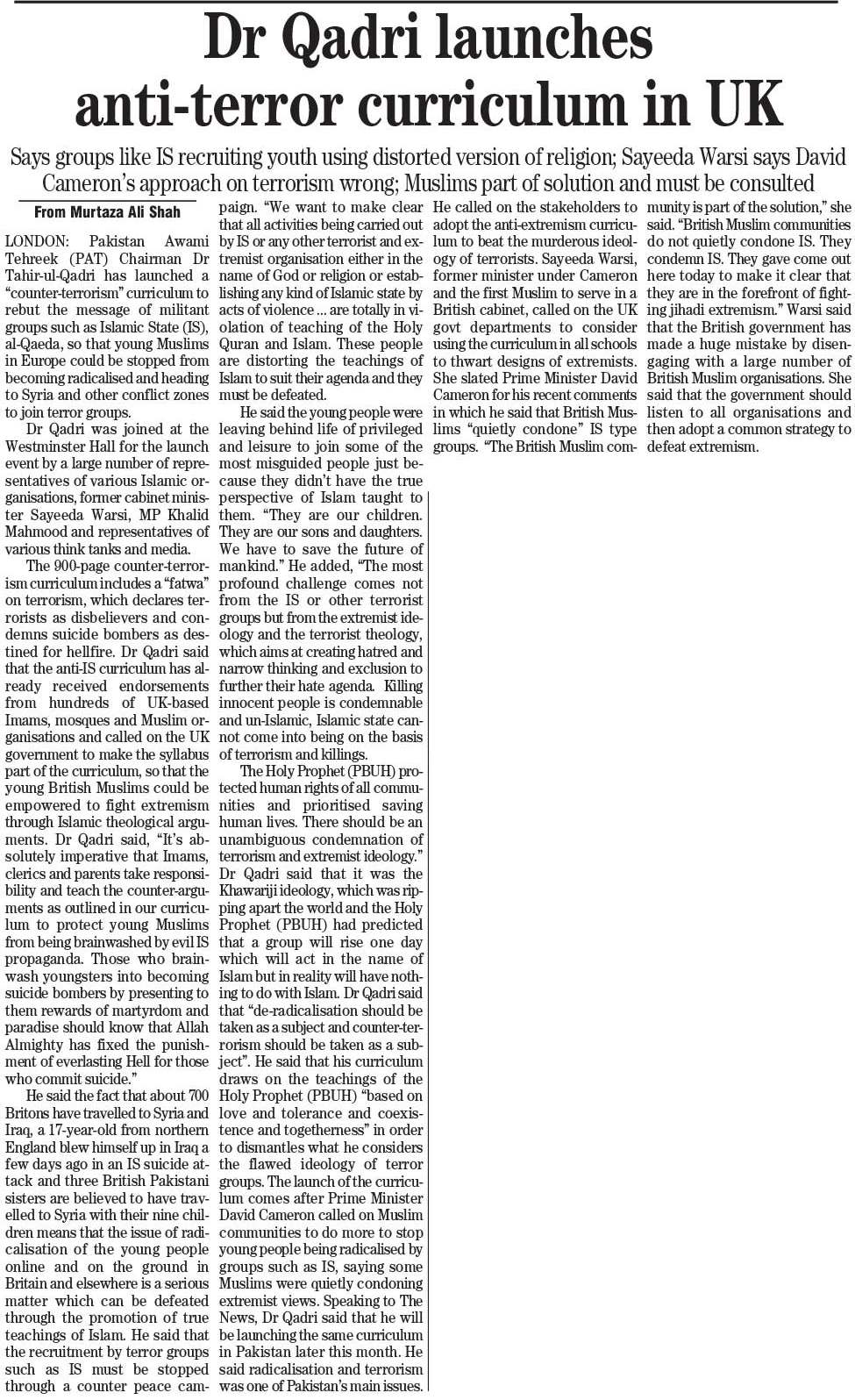 Minhaj-ul-Quran  Print Media CoverageDAILY THE NEWS PAGE 4