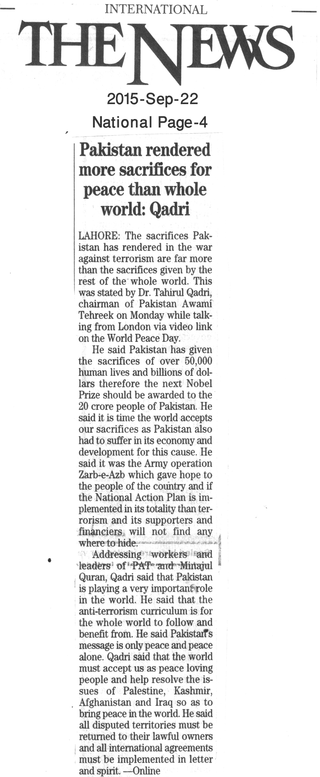 Minhaj-ul-Quran  Print Media Coverage Daily The News PAge-4