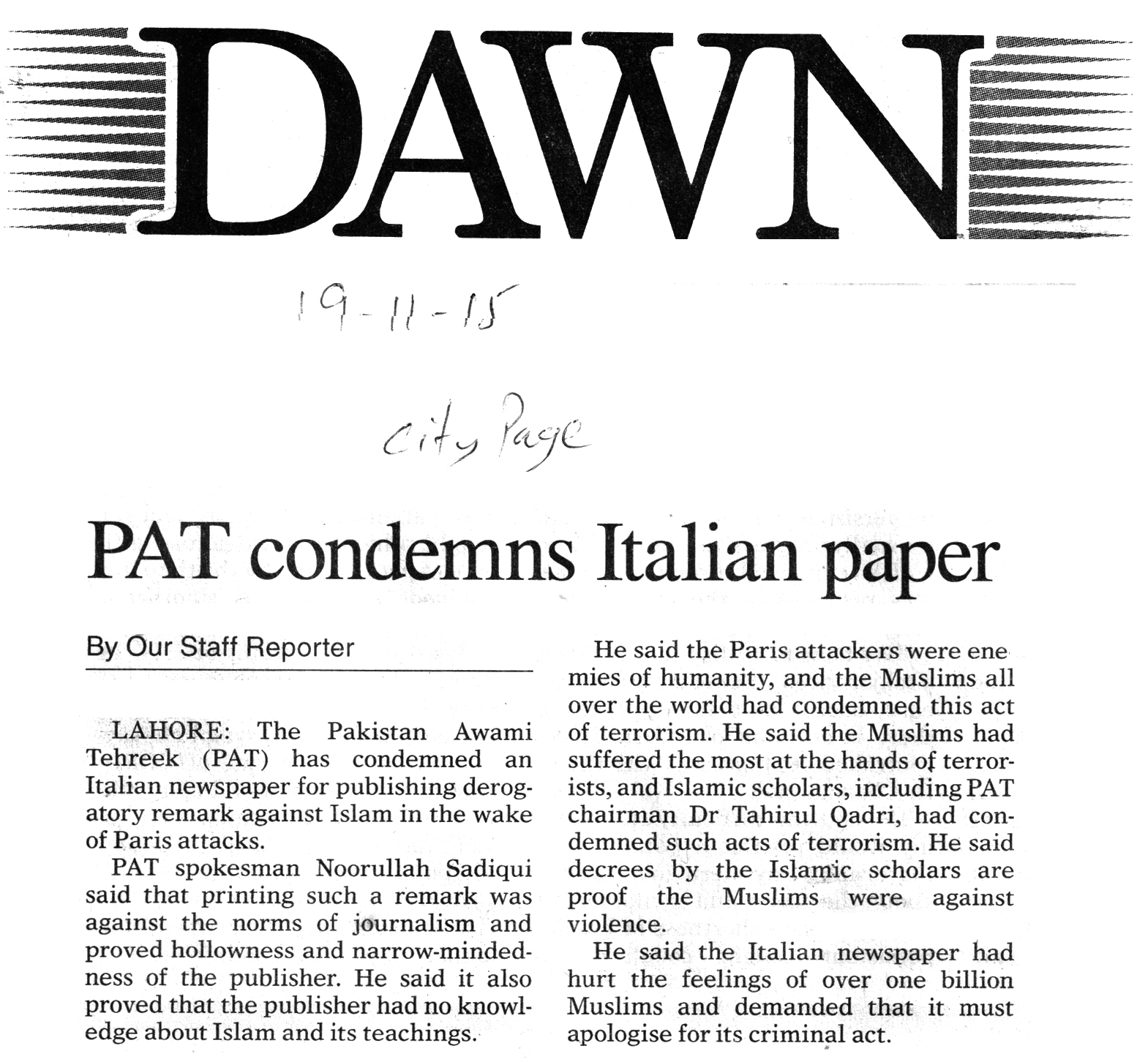 Minhaj-ul-Quran  Print Media CoverageThe Dawn City Page