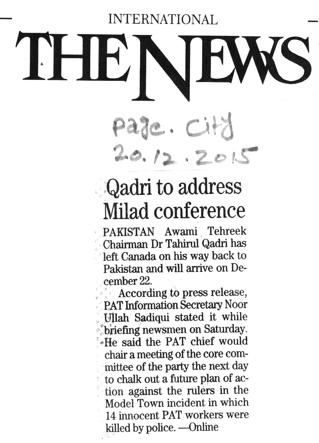 Minhaj-ul-Quran  Print Media CoverageDaily The News City PAge