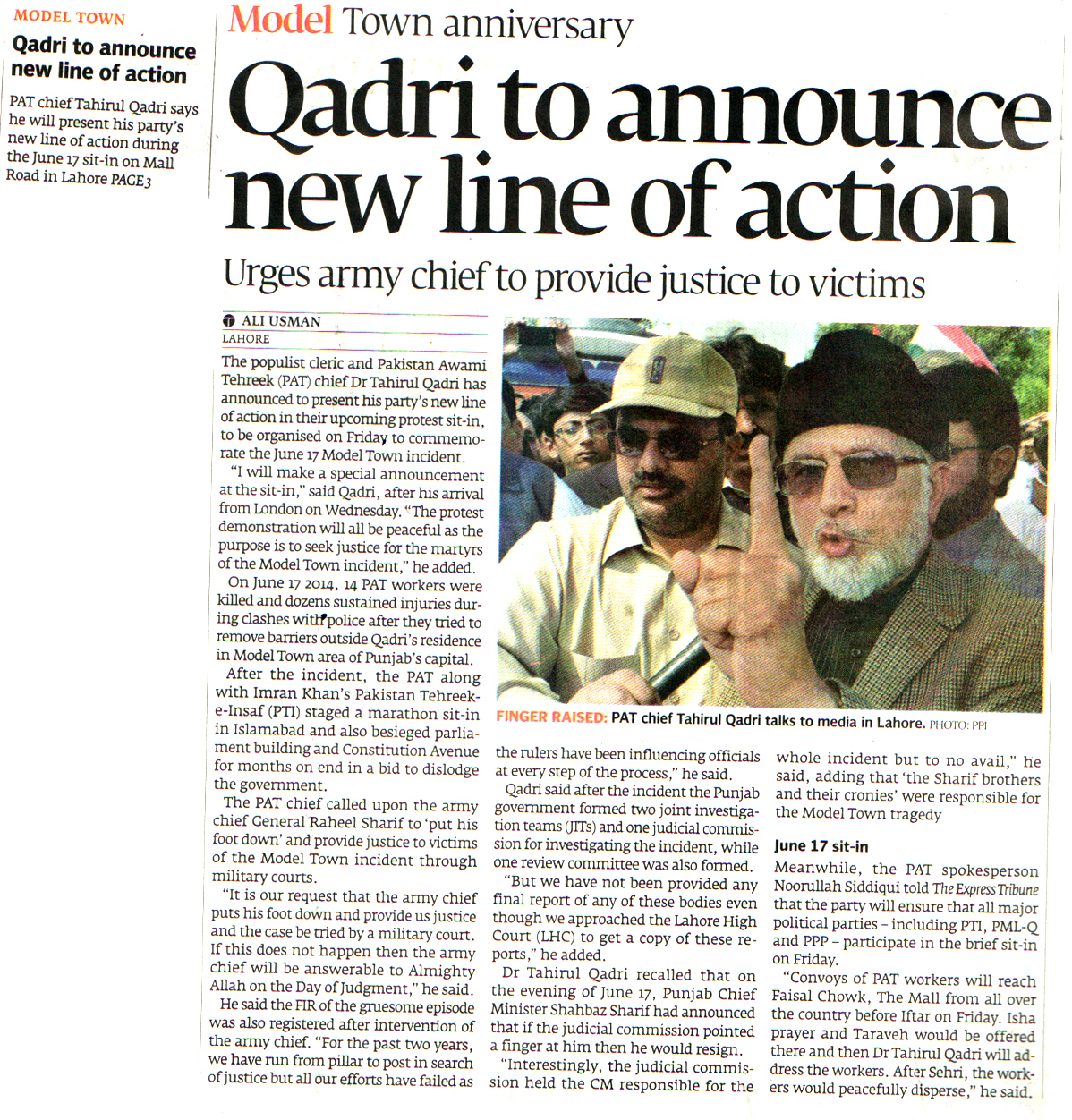 Minhaj-ul-Quran  Print Media Coverage DAILY EXPRESS TRIBUNE FRONT PAGE