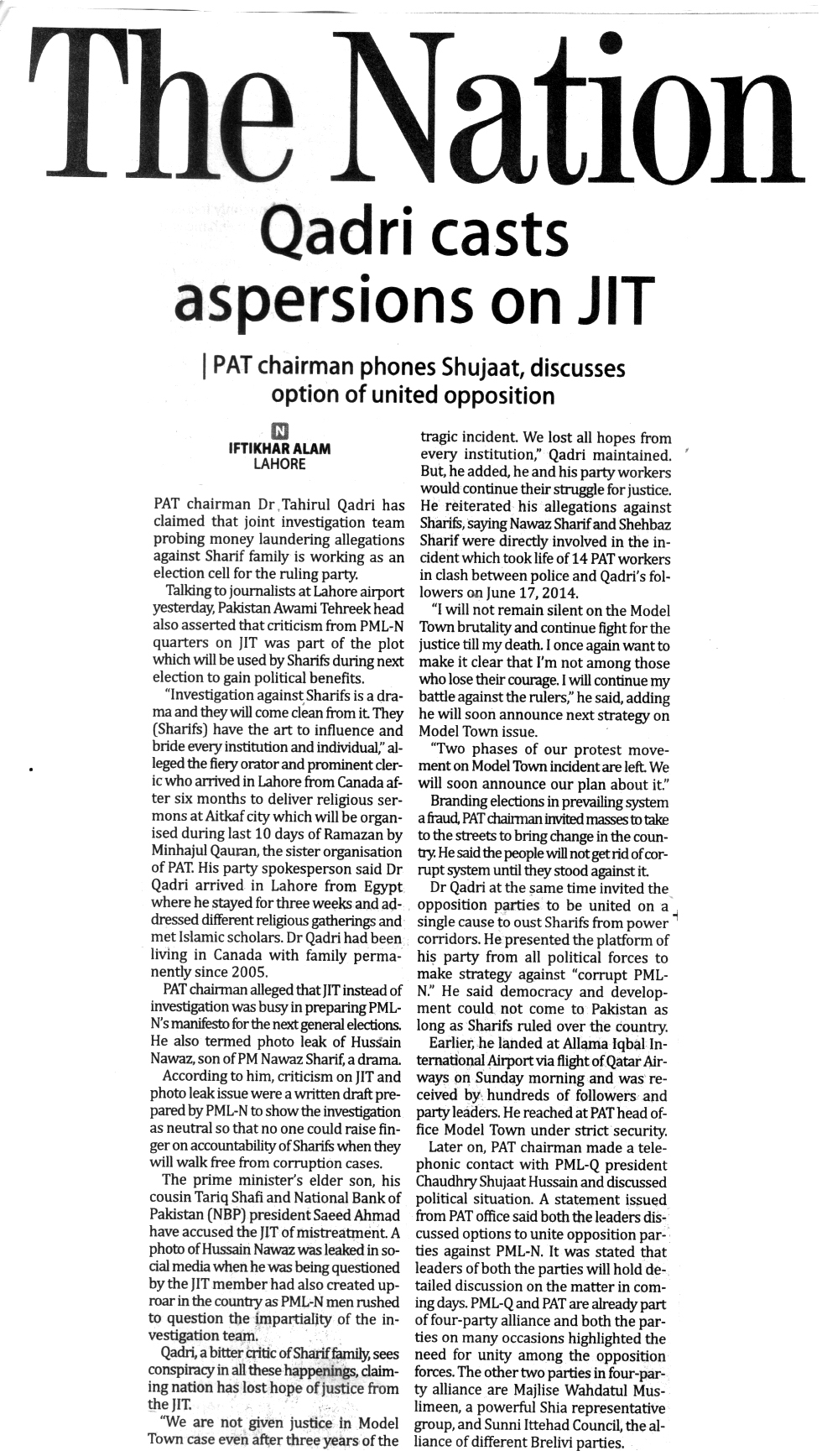 Minhaj-ul-Quran  Print Media CoverageDAILY NATION FRONT PAGE