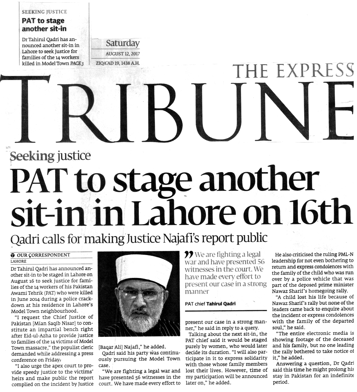 Minhaj-ul-Quran  Print Media CoverageDAILY EXPRESS TRIBUNE BACK PAGE
