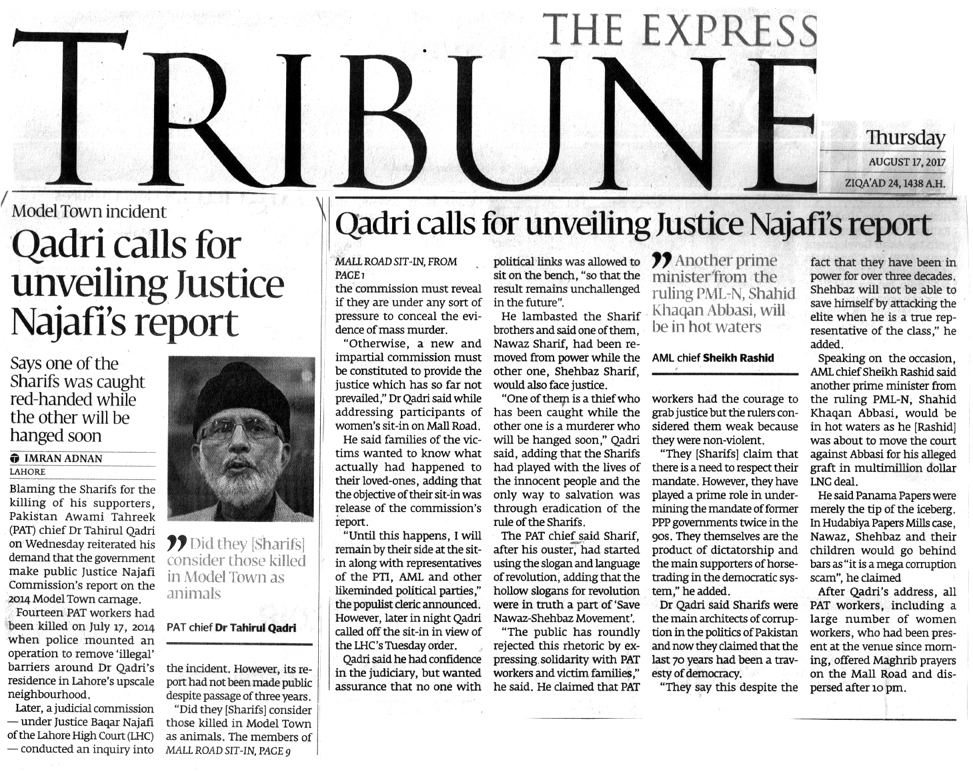 Minhaj-ul-Quran  Print Media CoverageDAILY EXPRESS TRIBUNE FRONT PAGE