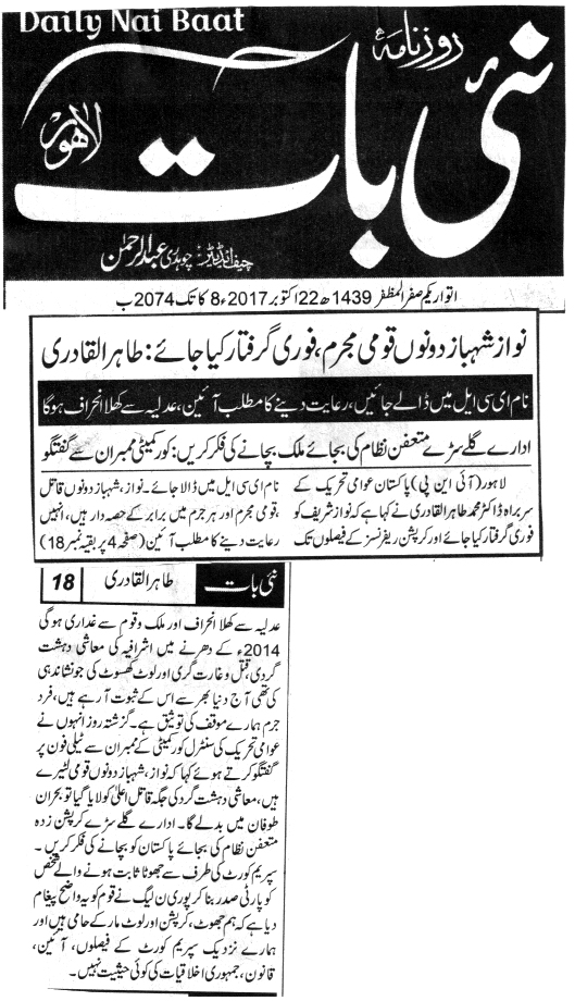 بـمنظّمة منهاج القرآن العالمية Minhaj-ul-Quran  Print Media Coverage طباعة التغطية الإعلامية DAILY NAI BAAT BACK PAGE