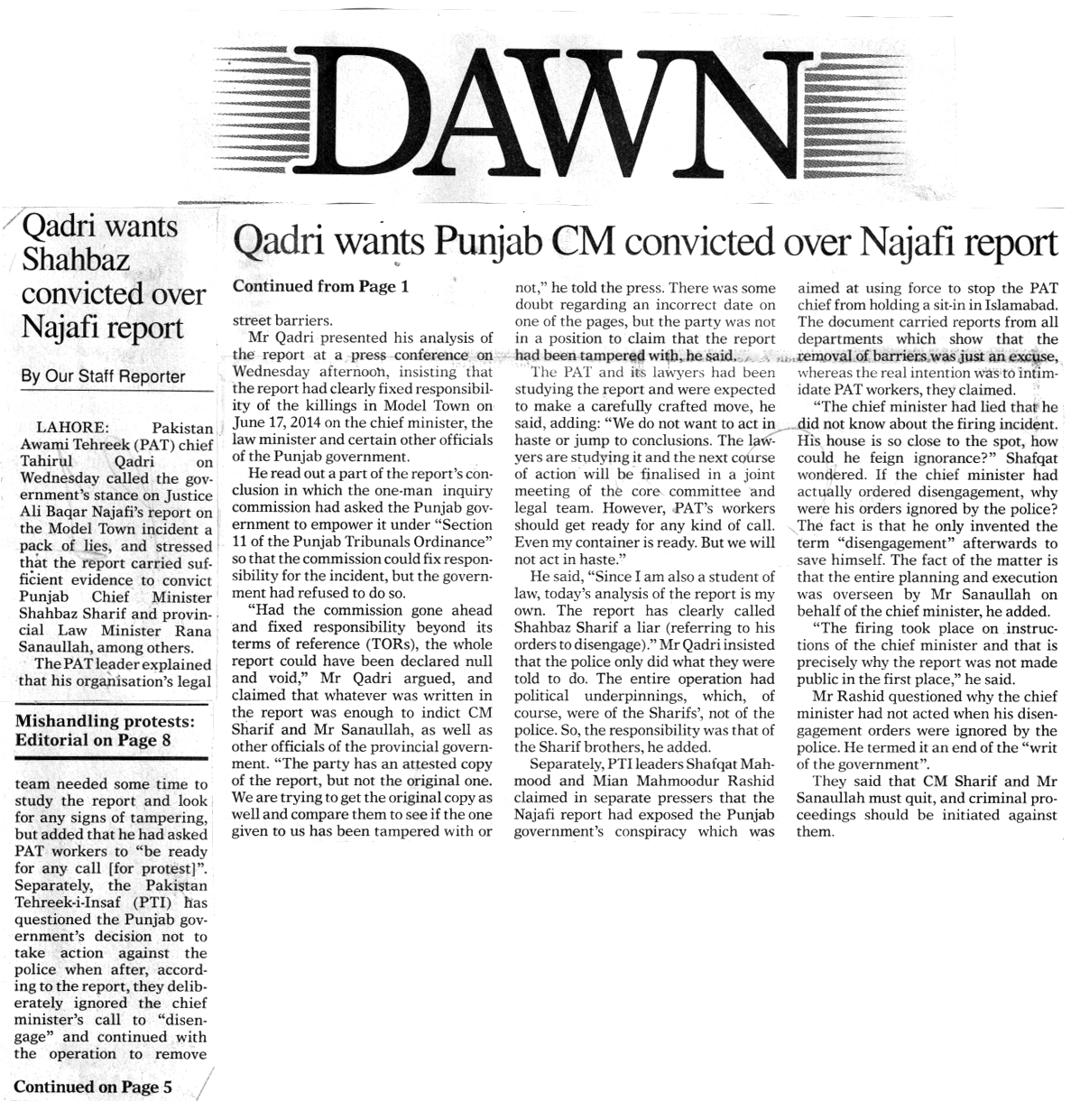 Minhaj-ul-Quran  Print Media CoverageDAILY DAWN FRONT PAGE