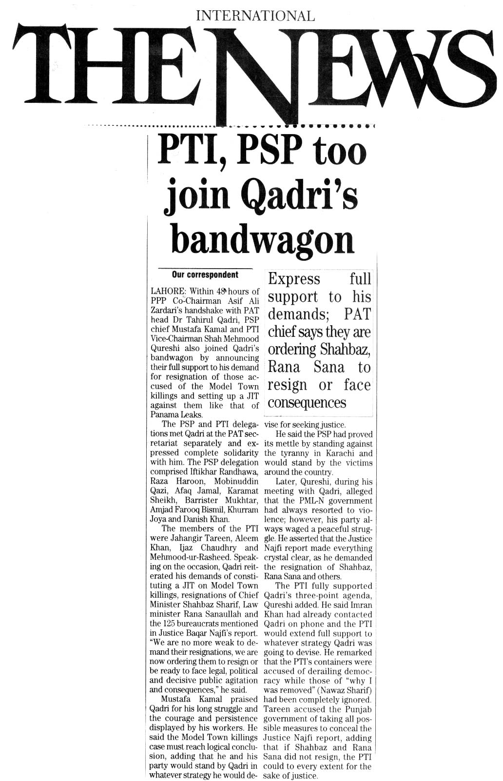 Minhaj-ul-Quran  Print Media CoverageDAILY THE NEWS BACK PAGE