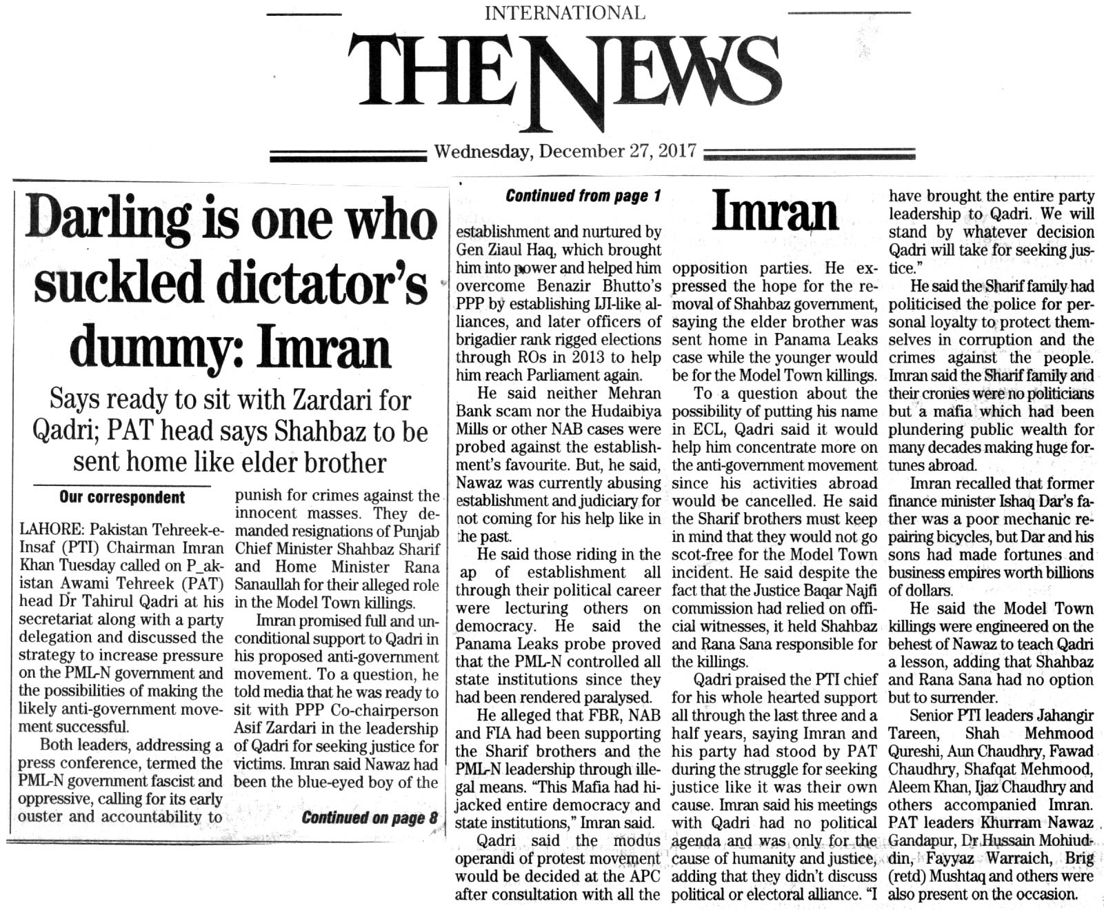 تحریک منہاج القرآن Minhaj-ul-Quran  Print Media Coverage پرنٹ میڈیا کوریج DAILY THE NEWS FRONT PAGE
