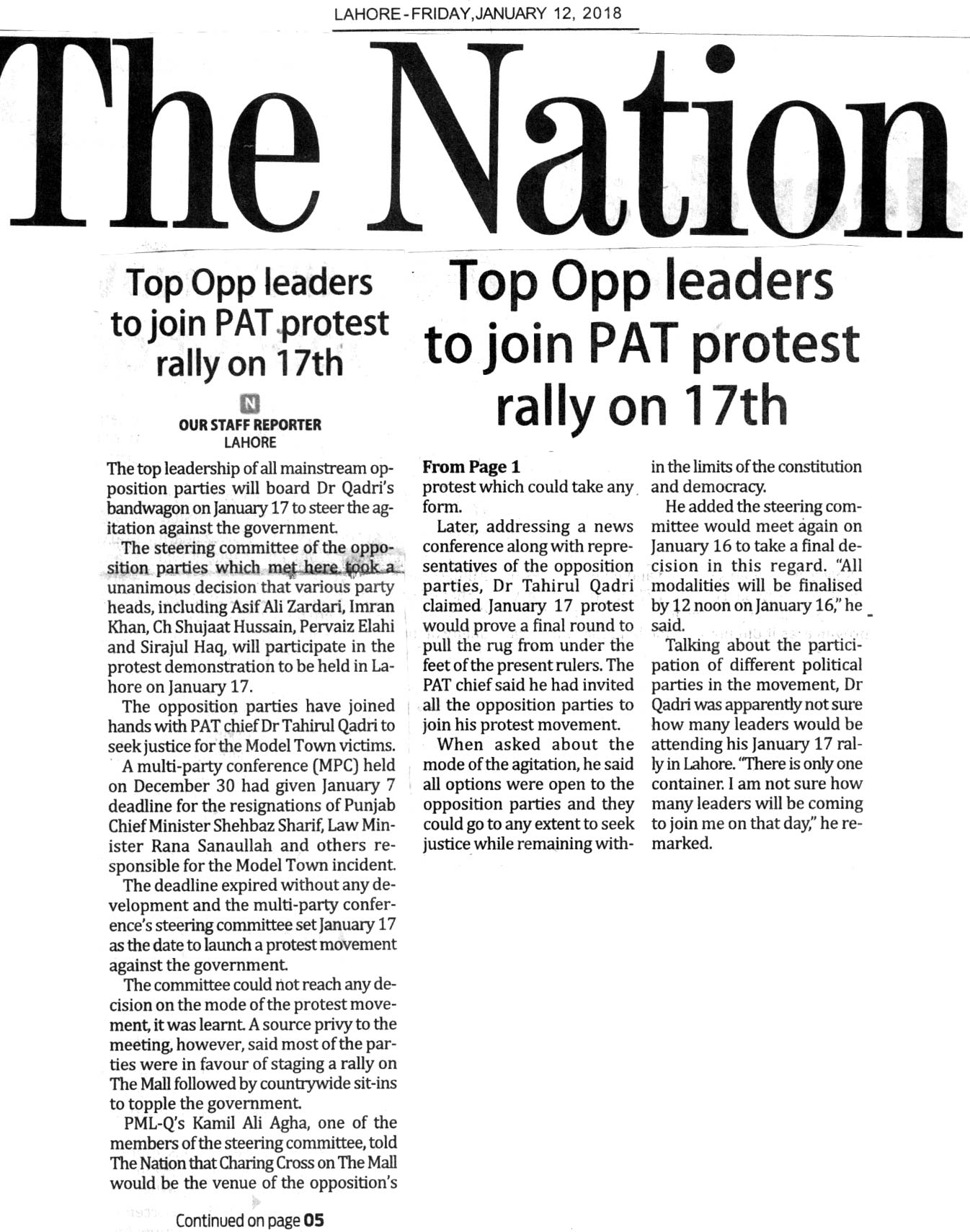 Minhaj-ul-Quran  Print Media Coverage DAILY THE NATION FRONT PAGE