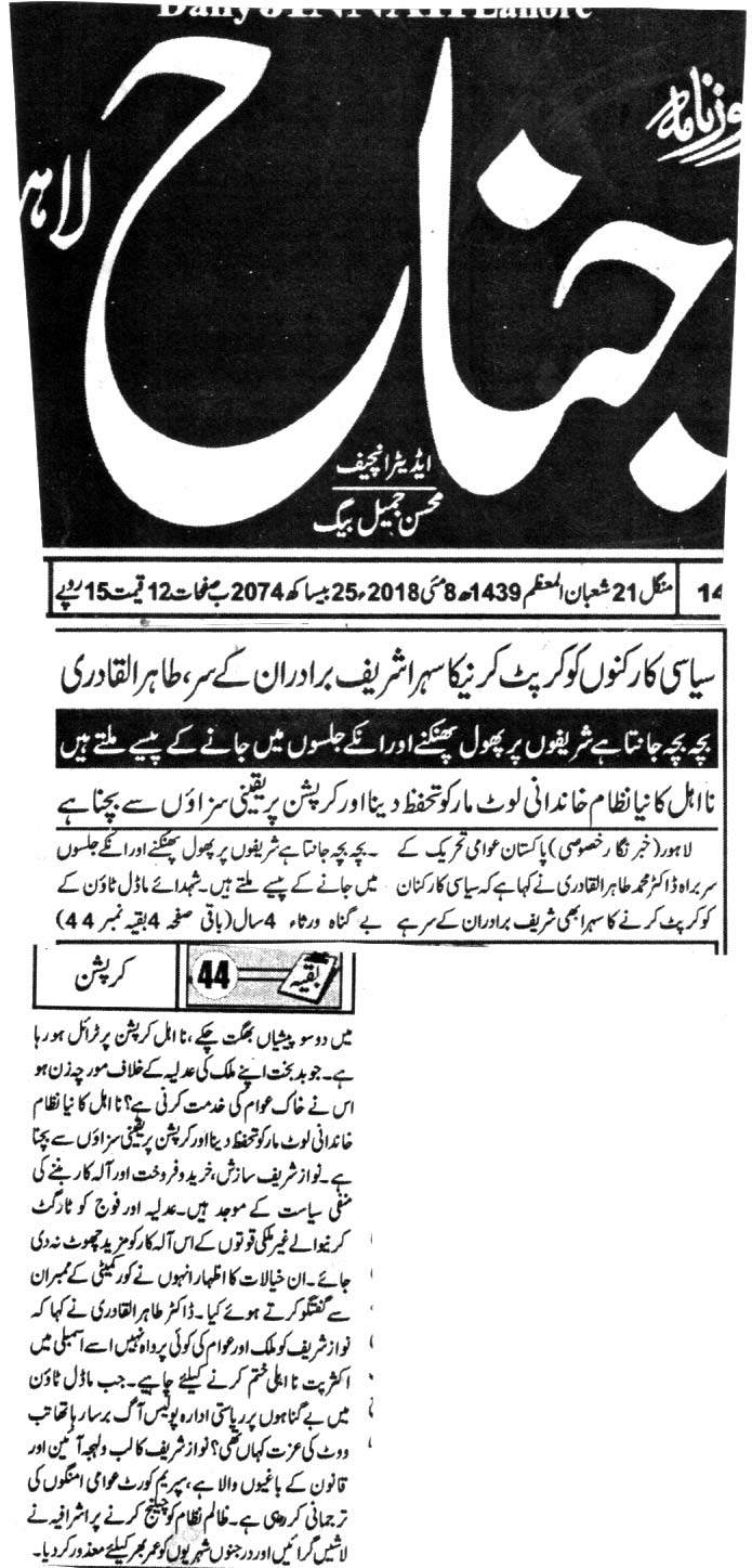 Minhaj-ul-Quran  Print Media CoverageDALIY JINNAH BACK PAGE