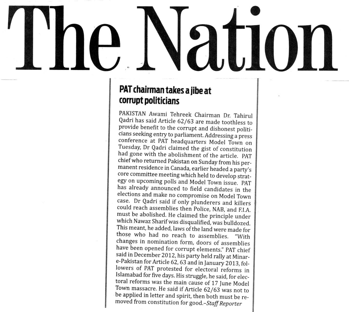 تحریک منہاج القرآن Pakistan Awami Tehreek  Print Media Coverage پرنٹ میڈیا کوریج DAILY THE NATION BACK PAGE