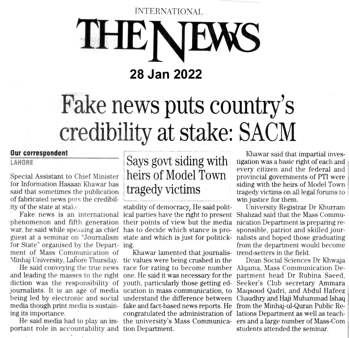 Minhaj-ul-Quran  Print Media Coverage THE NEWS BACK PAGE