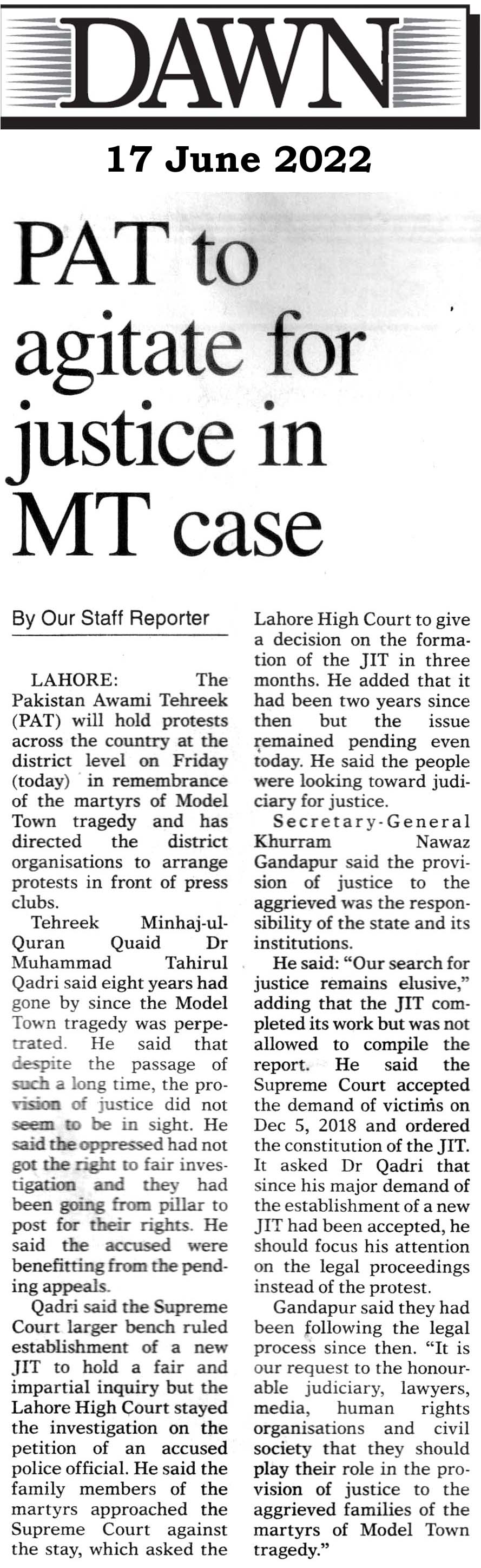 Minhaj-ul-Quran  Print Media Coverage DAILY DAWN BACK PAGE
