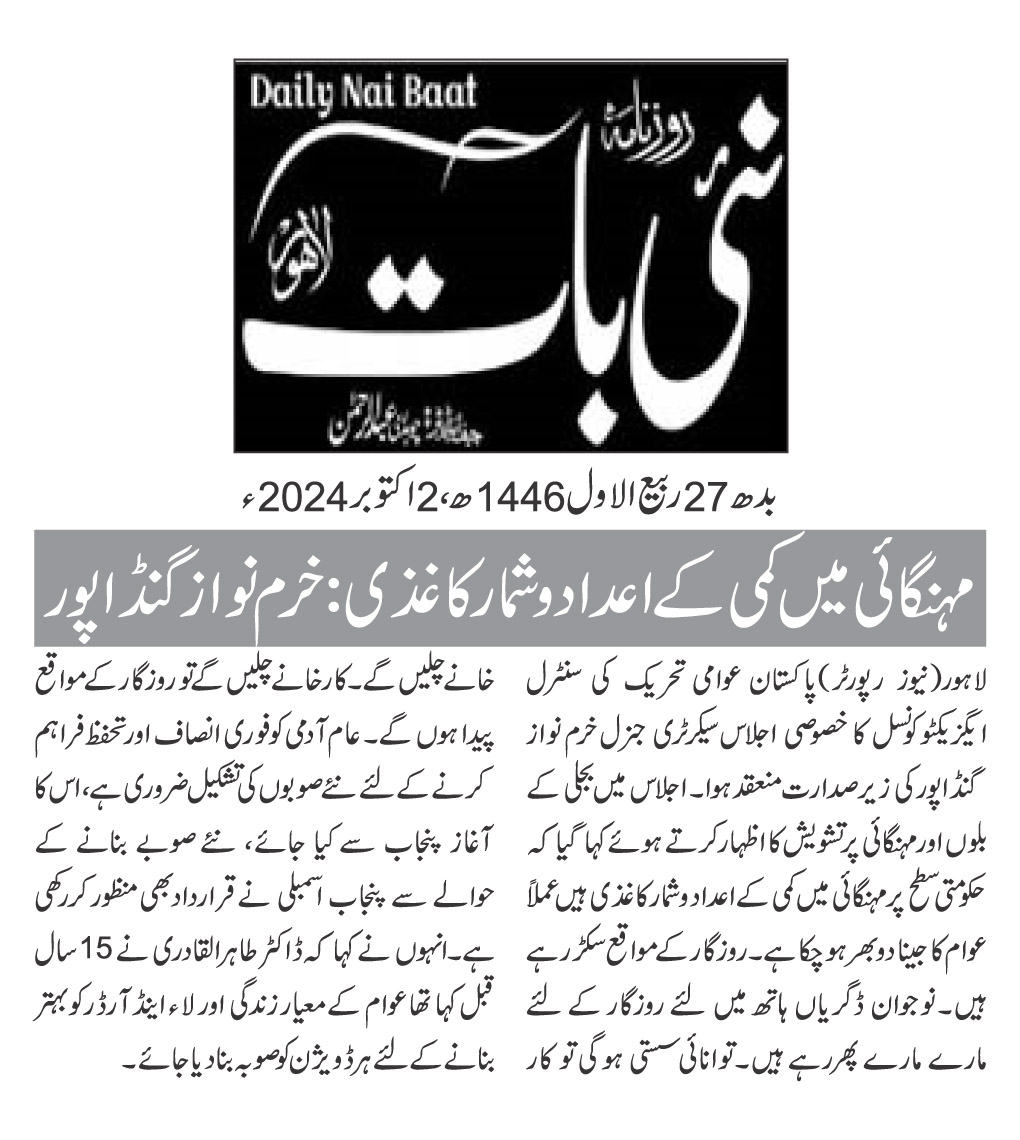 تحریک منہاج القرآن Pakistan Awami Tehreek  Print Media Coverage پرنٹ میڈیا کوریج DAILY NAI BAAT PAGE 2