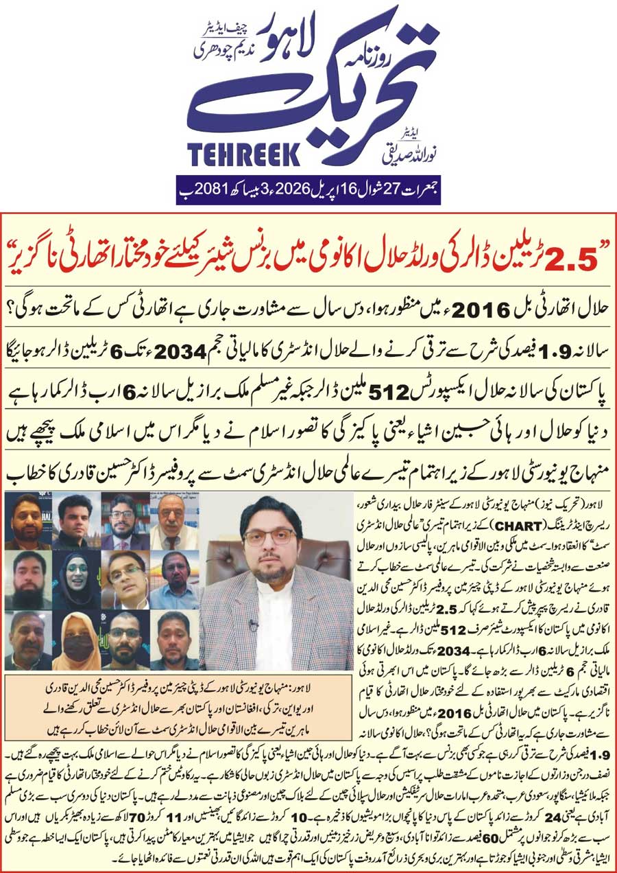 Minhaj-ul-Quran  Print Media CoverageDAILY TEHREEK FRONT PAGE