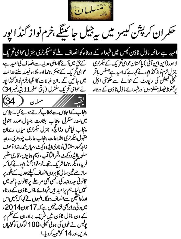 Minhaj-ul-Quran  Print Media CoverageDaily Musalman Back Page 