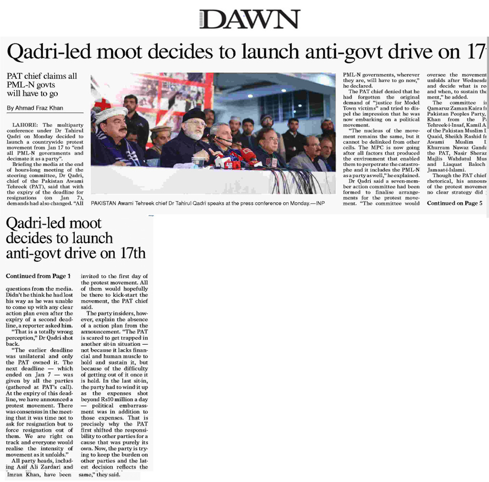 تحریک منہاج القرآن Minhaj-ul-Quran  Print Media Coverage پرنٹ میڈیا کوریج Daily The Dawn Front Page