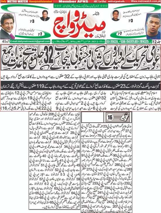Minhaj-ul-Quran  Print Media CoverageDailyt Metrowatch Back Page